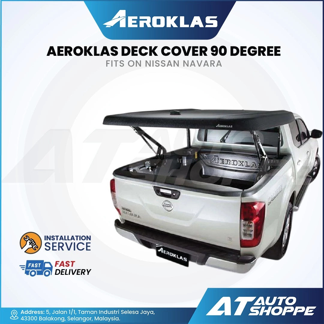 Aeroklas deck cover for Nissan Navara with branding and product details on a white background