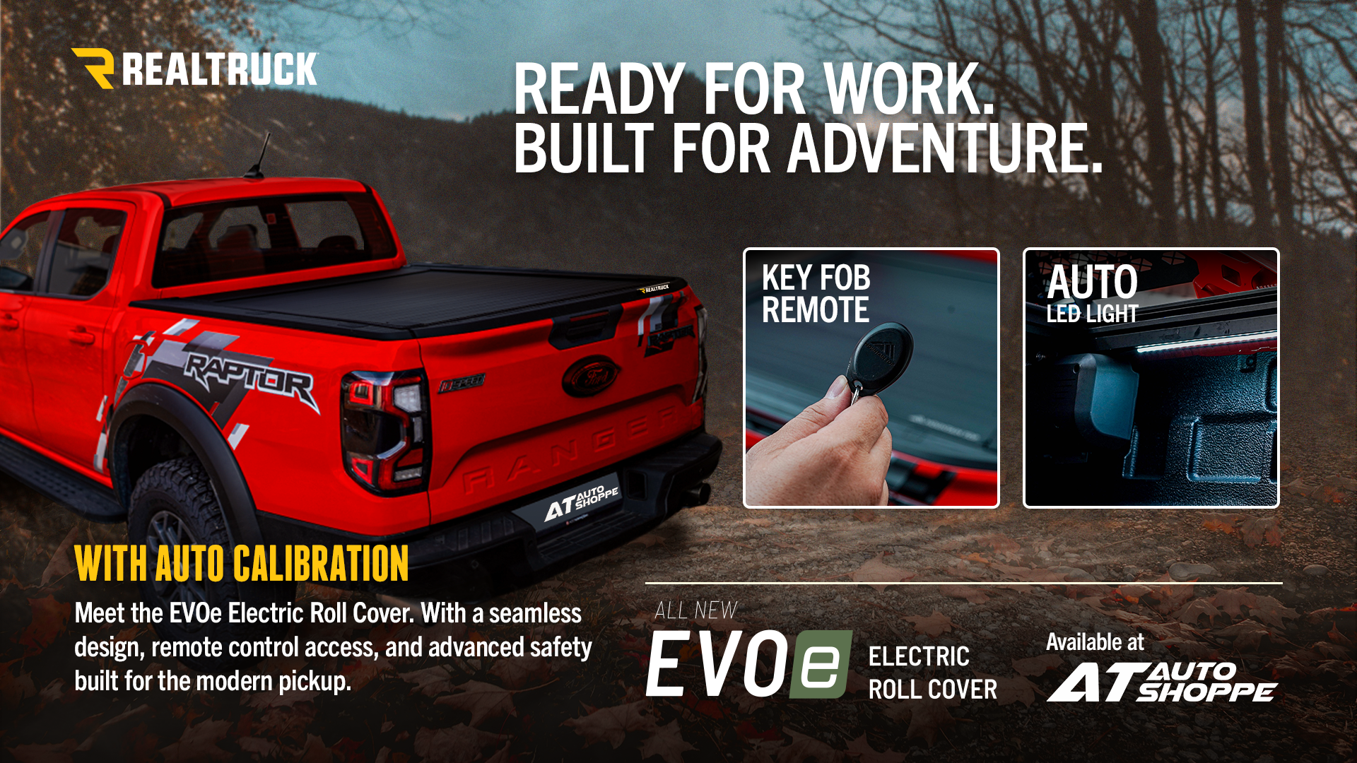 RealTruck EVOe Automatic Roll Cover with truck bed cover and features secure locking, durable build. electronic control with a key fob