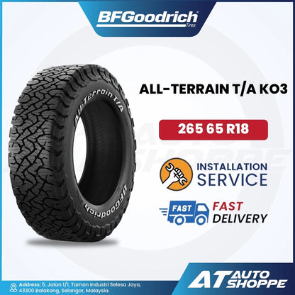 BFGoodrich All-Terrain T/A KO3 tire with specifications and installation service details on a white background.