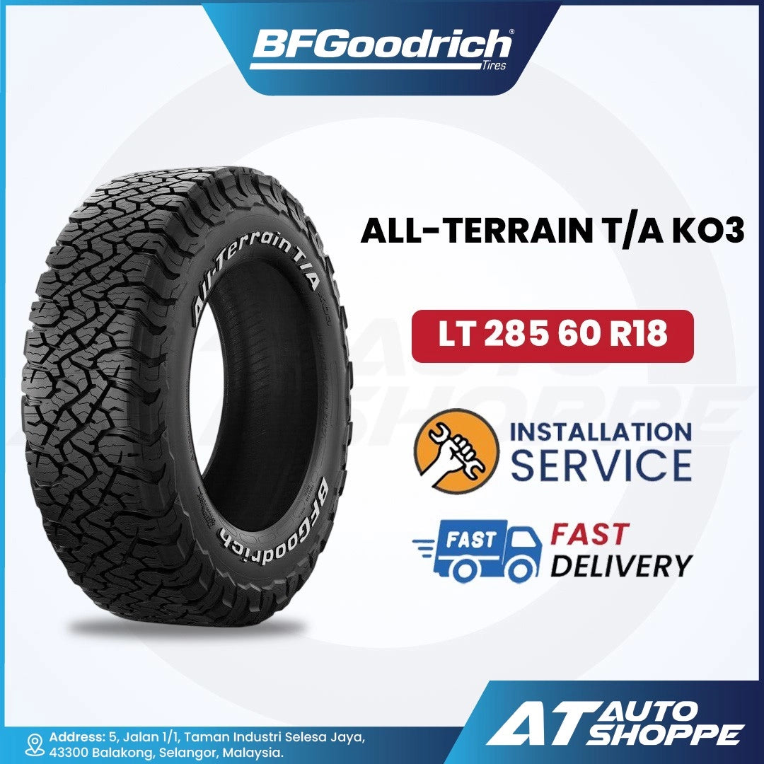 BFGoodrich All-Terrain T/A KO3 tire with product details on a white background