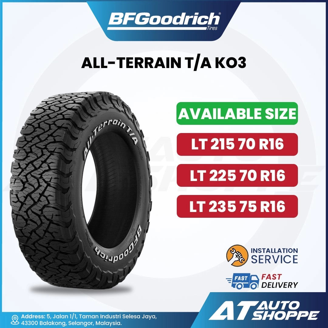 BFGoodrich All-Terrain T/A KO3 tire with size information on a white background