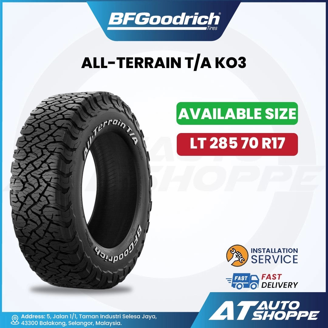BFGoodrich All-Terrain T/A KO3 tire with size LT 285 70 R17 on a white background