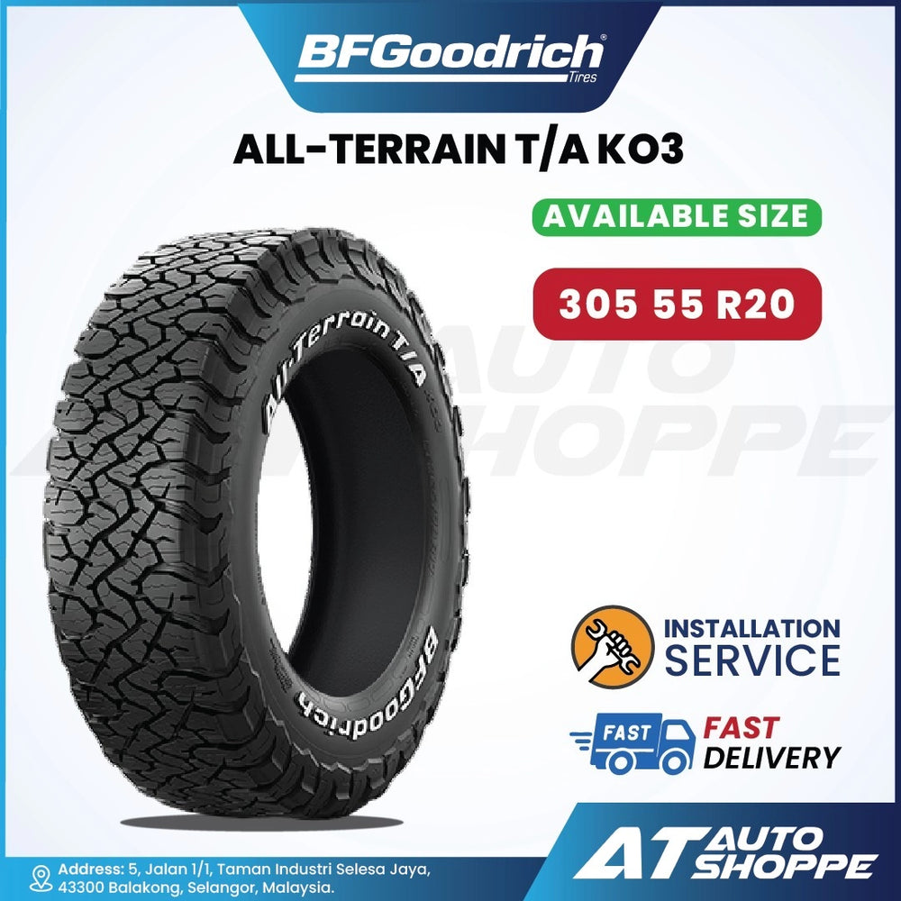 BFGoodrich All-Terrain T/A KO3 tire with size 305 55 R20 on a white background.