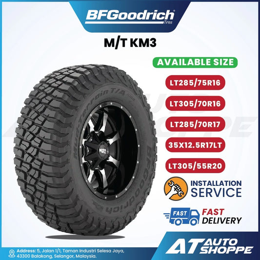 BFGoodrich M/T KM3 tire with available size options on a white background