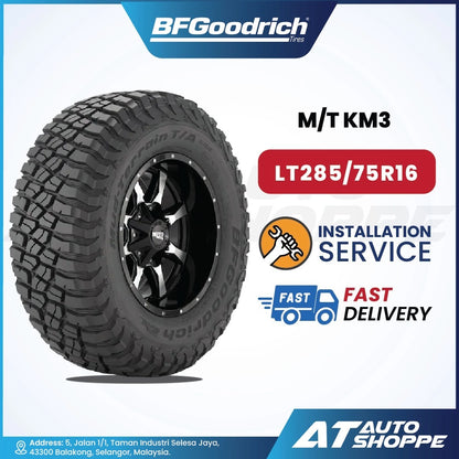 BFGoodrich M/T KM3 tire with installation service and delivery icons on a white background