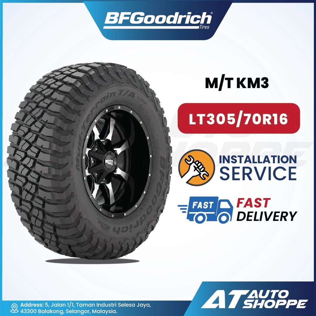 BFGoodrich M/T KM3 tire with installation service and delivery information on a white background