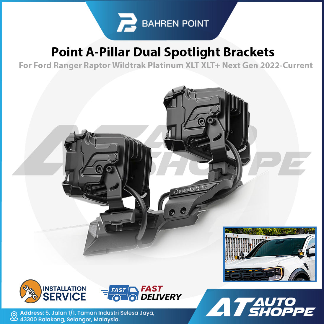 Bahren Point A-Pillar Dual Spotlight Brackets For Ford Ranger Raptor Wiltrak Platinum XLT XLT-Next Gen 2022-Current
