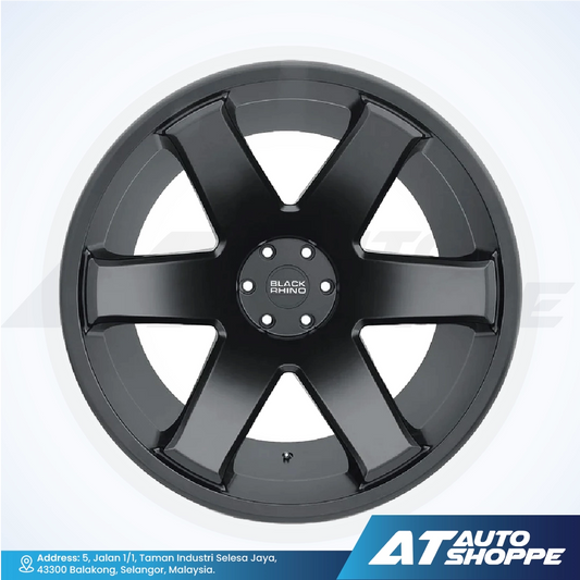 Black alloy wheel with 'Black Rhino' branding on a white background, featuring AT Auto Shoppe logo.