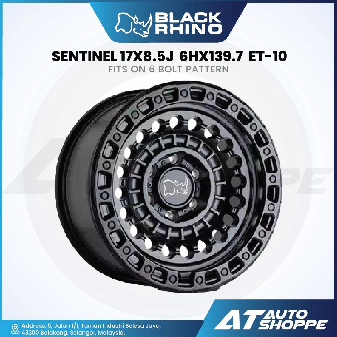 Black Rhino Sentinel wheel with specifications on a white background