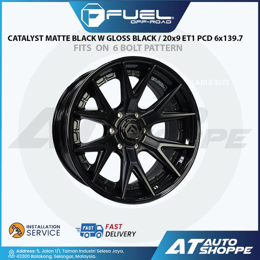 A black fuel-off-road wheel rim shown on a white and blue promotional graphic with Fuel Off-Road branding and AT Auto Shoppe contact details.