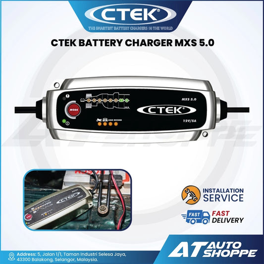 CTEK battery charger MXS 5.0 with branding and service information on a white background