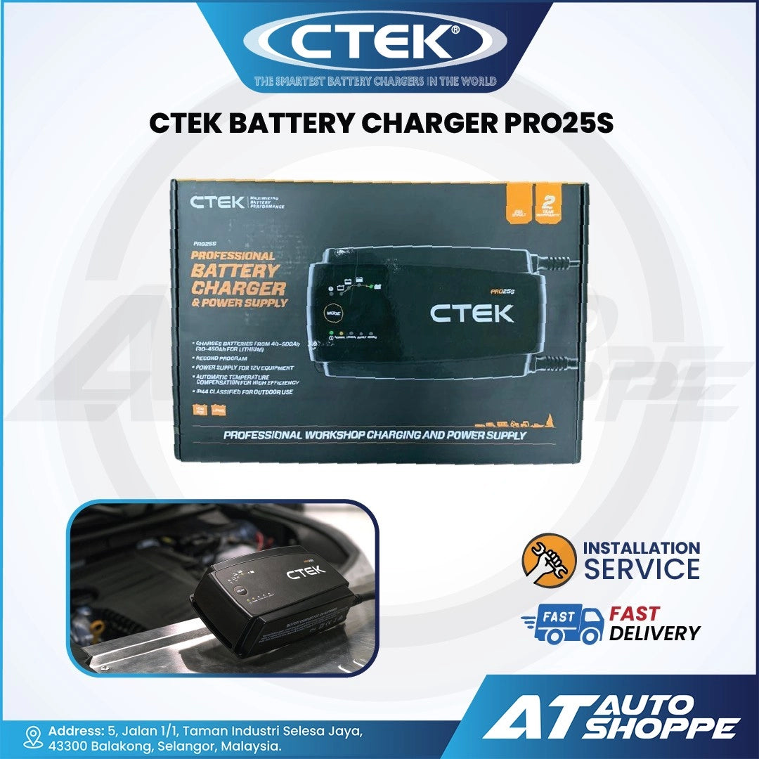 CTEK battery charger Pro25S packaging with branding and product details on a white background.