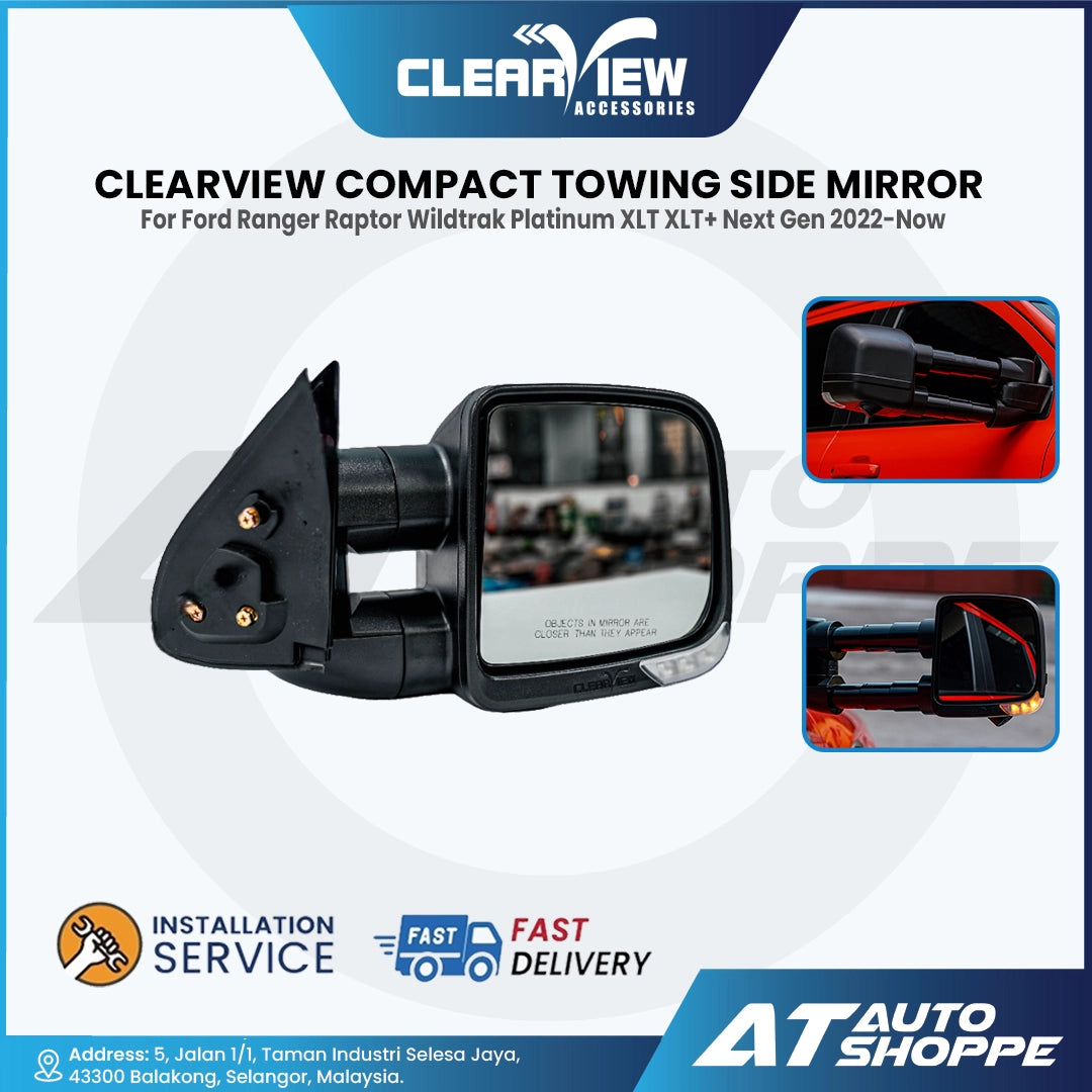 Clearview compact towing side mirror for Ford Ranger Raptor Wildtrak Platinum XLT+ Next Gen 2022-Now on a white background with AT Auto Shoppe branding.