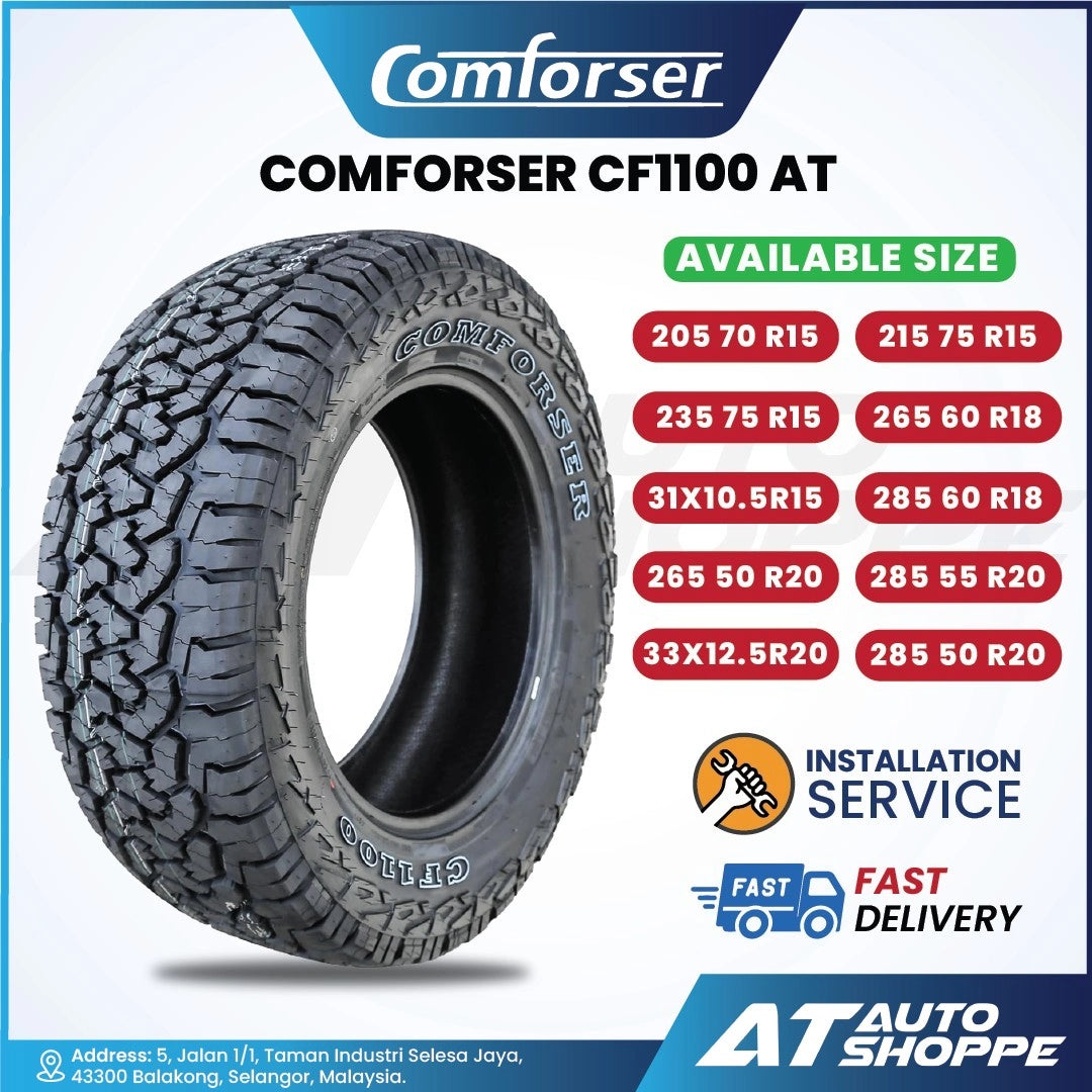 Comforser CF1100 AT tire with available sizes and installation service details on a white background