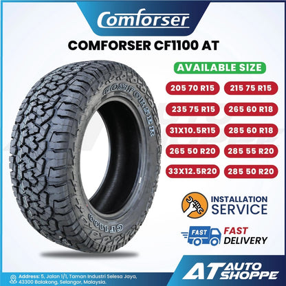 Comforser CF1100 AT tire with available sizes and installation service details on a white background