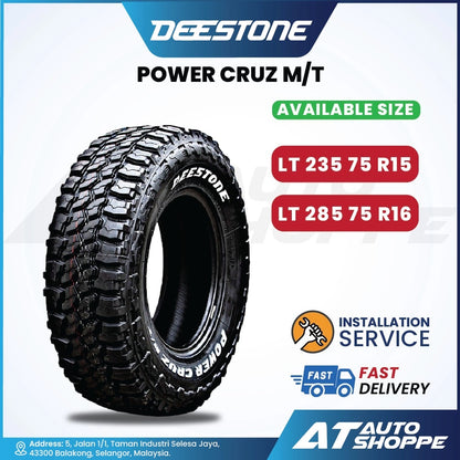Deestone Power Cruz M/T tire with size information and installation service details on a white background.