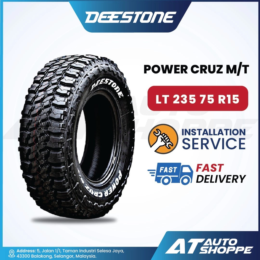 Deestone Power Cruz M/T tire with installation service and delivery information on a white background