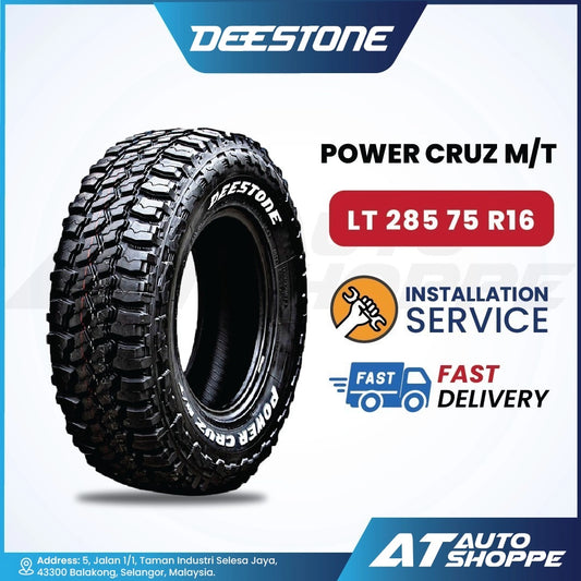 Deestone Power Cruz M/T tire with installation service and delivery information on a white background