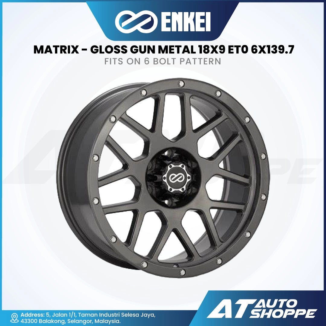 Enkei Matrix gloss gun metal rim on a white background with Enkei and AT Auto Shoppe branding.