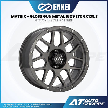 Enkei Matrix gloss gun metal rim on a white background with Enkei and AT Auto Shoppe branding.