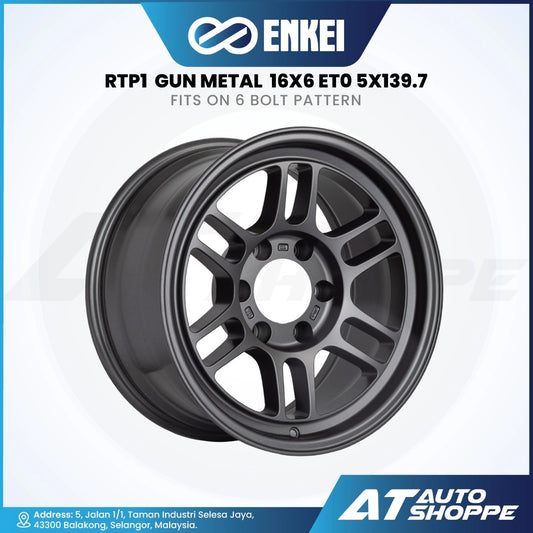 Gun metal alloy wheel with Enkei branding on a white background