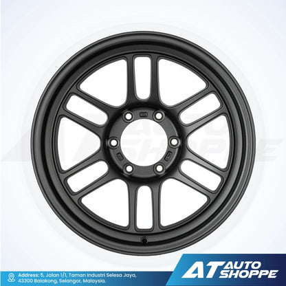 Black alloy wheel on a white background with AT Auto Shoppe branding.