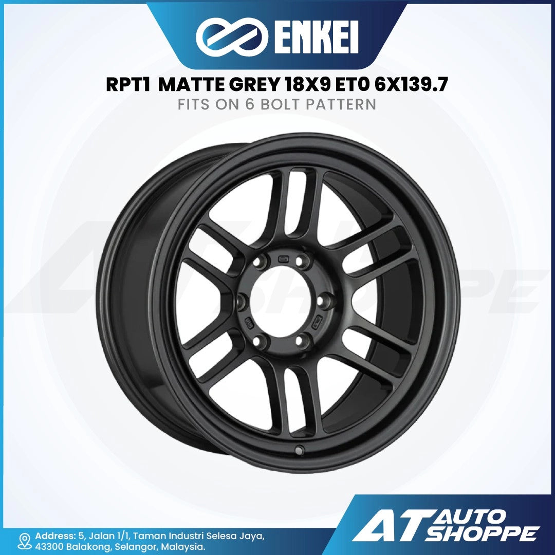 Black alloy wheel with Enkei branding on a white background