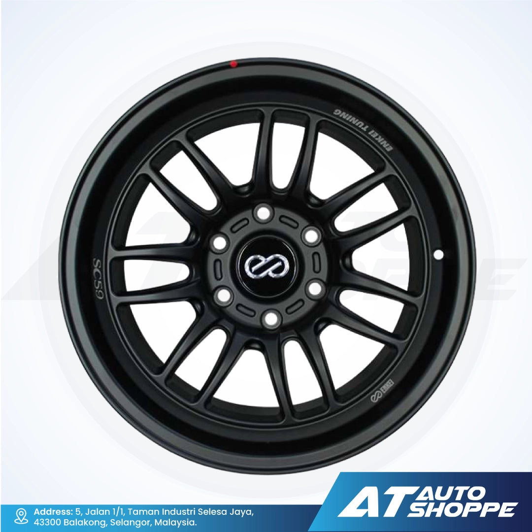 Black alloy wheel with a white background and AT Auto Shoppe branding.