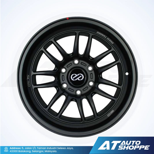 Black alloy wheel with a white background and AT Auto Shoppe branding.