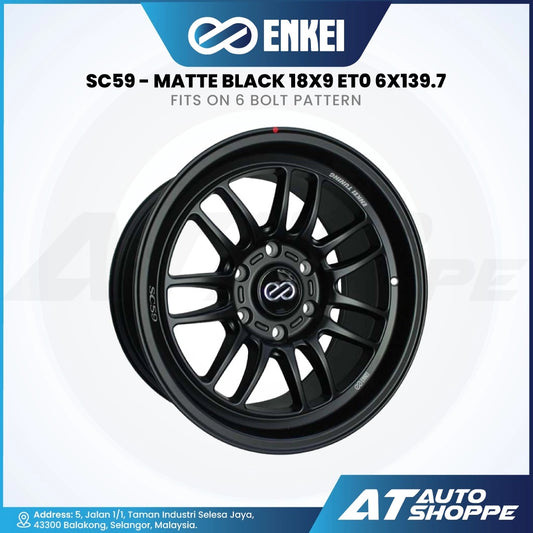 Black Enkei wheel with product details on a white background