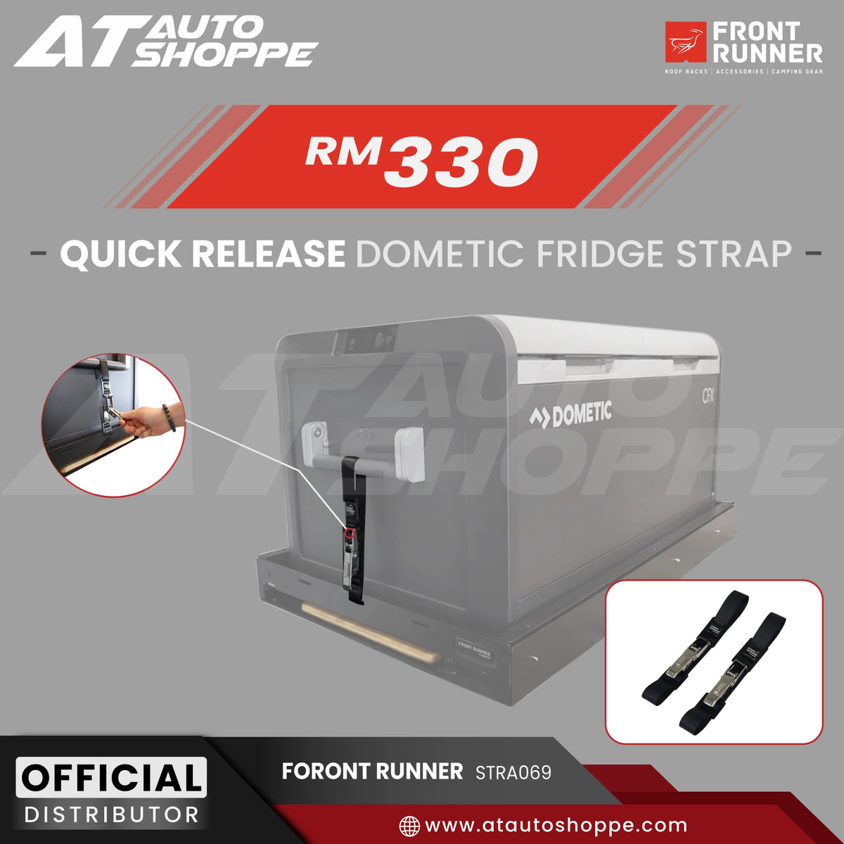 Advertisement for a quick release dometic fridge strap with product details and branding.