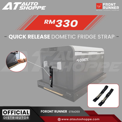 Advertisement for a quick release dometic fridge strap with product details and branding.
