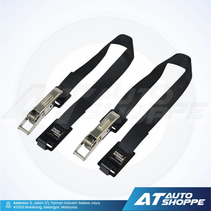Two black straps with metal buckles on a white background, featuring the AT Auto Shoppe logo.