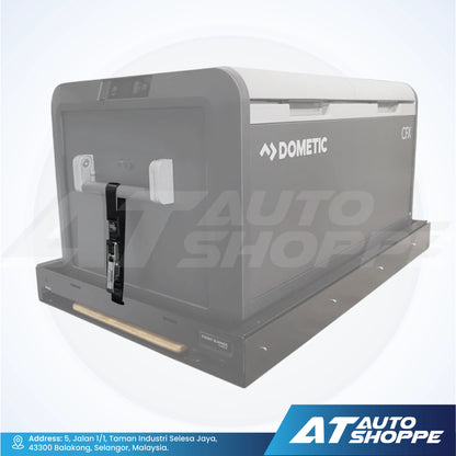 Dometic refrigerator on a white background with AT Auto Shoppe branding.