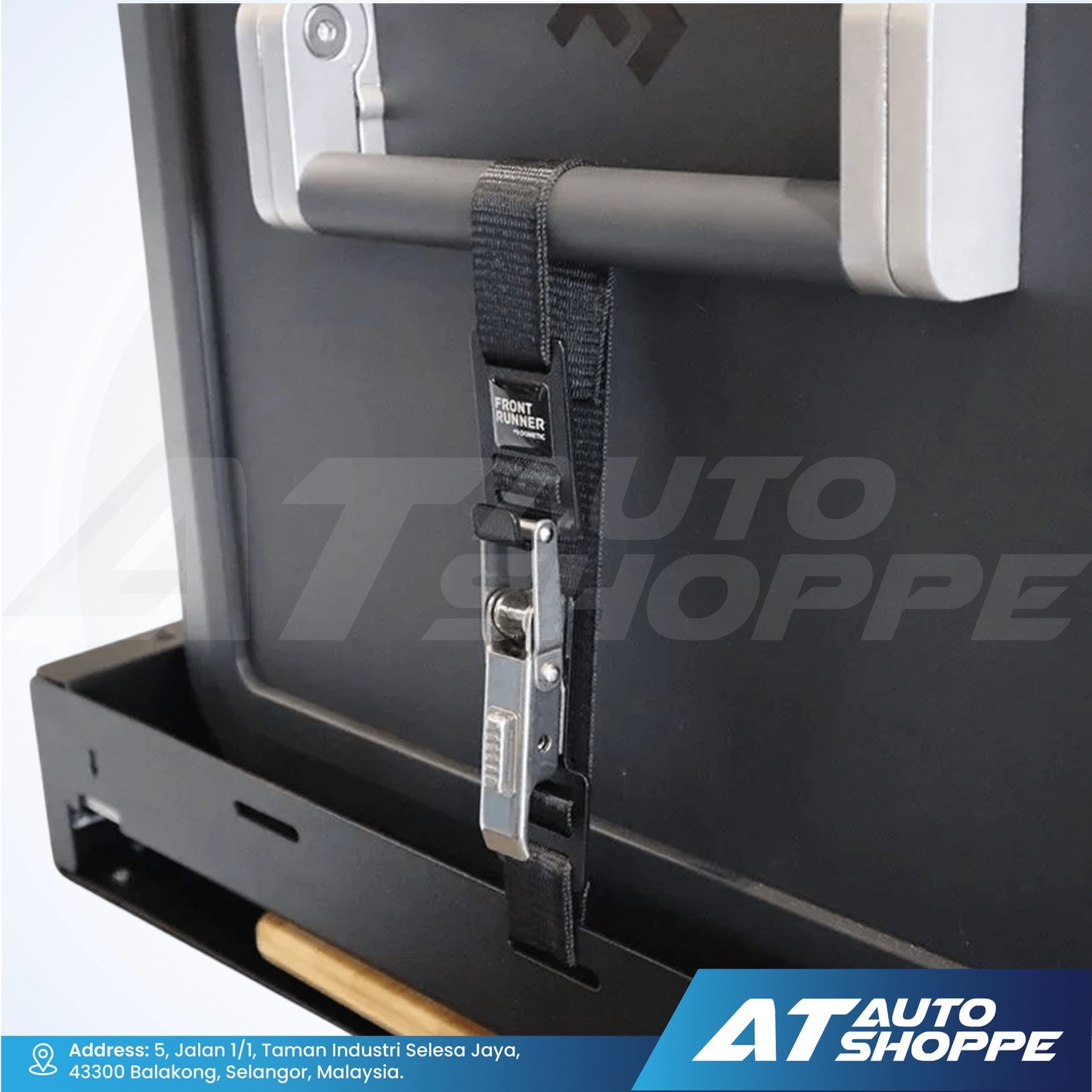 Black car storage box with a strap and handle on a white background, featuring AT Auto Shoppe branding.