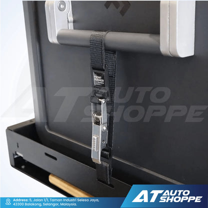 Black car storage box with a strap and handle on a white background, featuring AT Auto Shoppe branding.