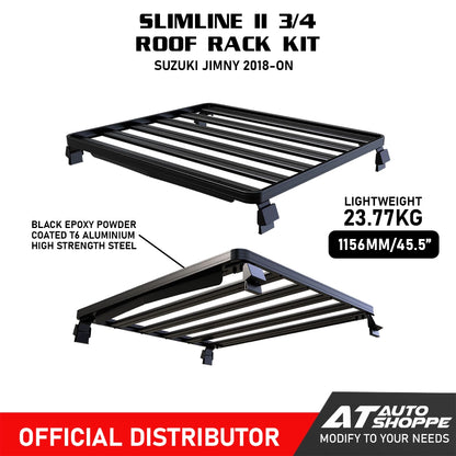 Slimline II 3/4 roof rack kit for Suzuki Jimny 2018-on with product details on a white background.