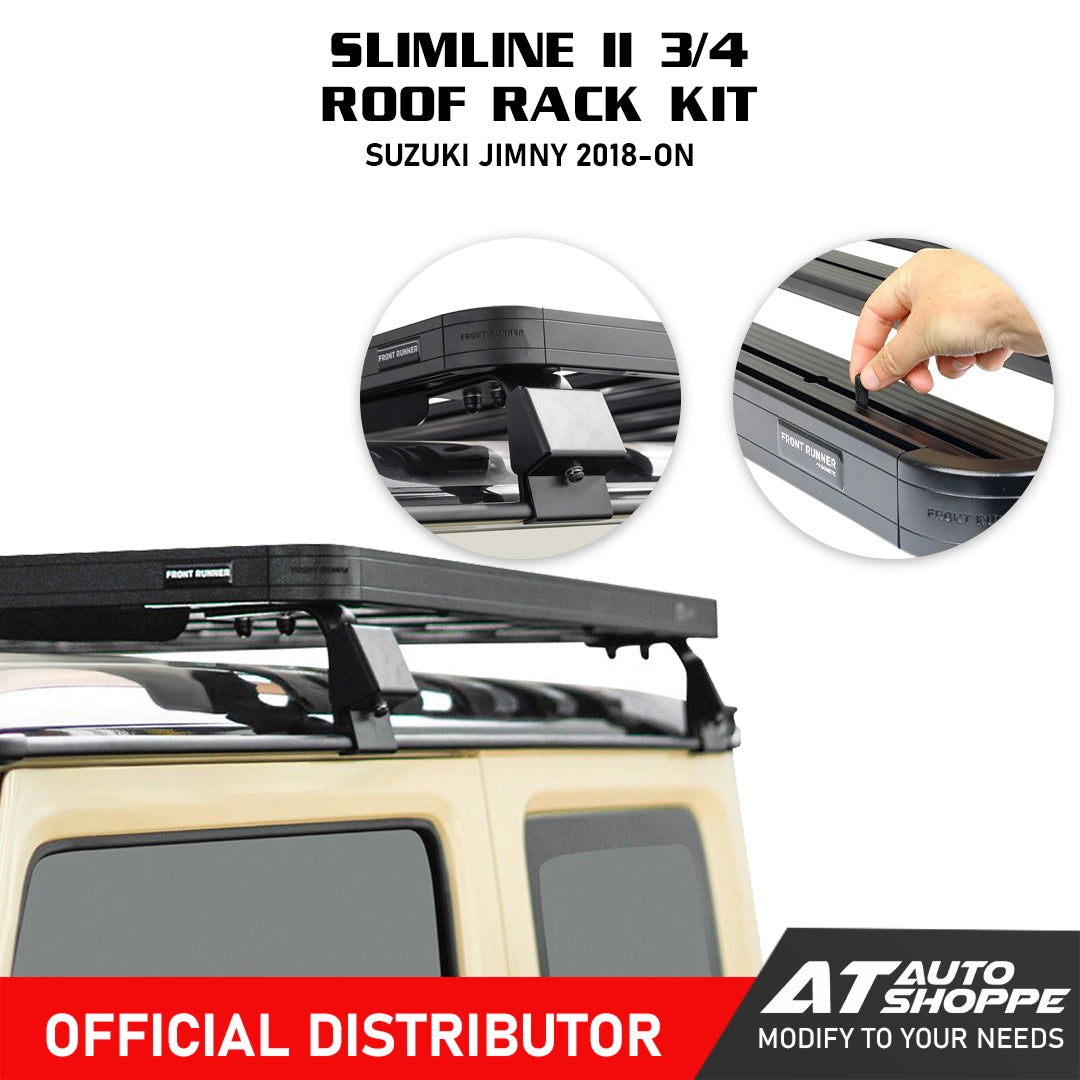Slimline II 3/4 roof rack kit for Suzuki Jimny 2018-on with product details and AT Auto Shoppe branding.
