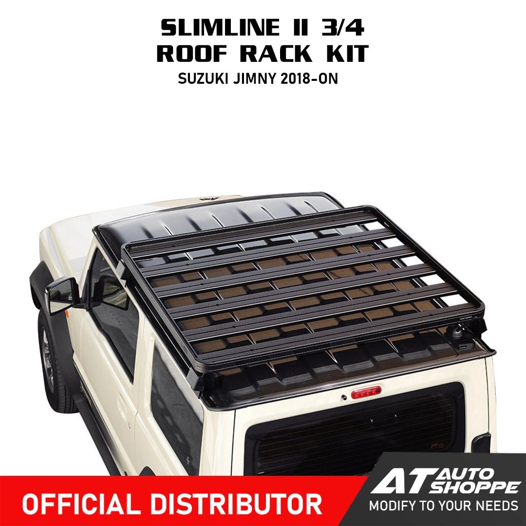 Slimline II 3/4 roof rack kit for Suzuki Jimny 2018-on on a white background with AT Auto Shoppe branding.