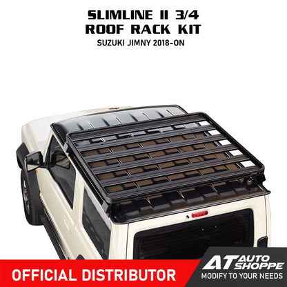 Slimline II 3/4 roof rack kit for Suzuki Jimny 2018-on on a white background with AT Auto Shoppe branding.