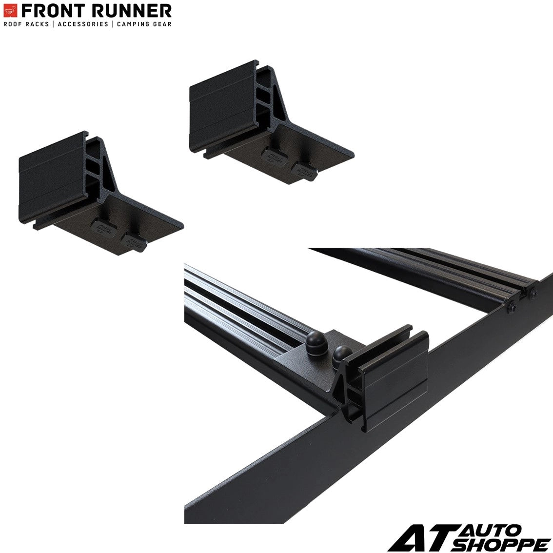 Black roof rack components with 'Front Runner' and 'AT Auto Shoppe' branding on a white background.