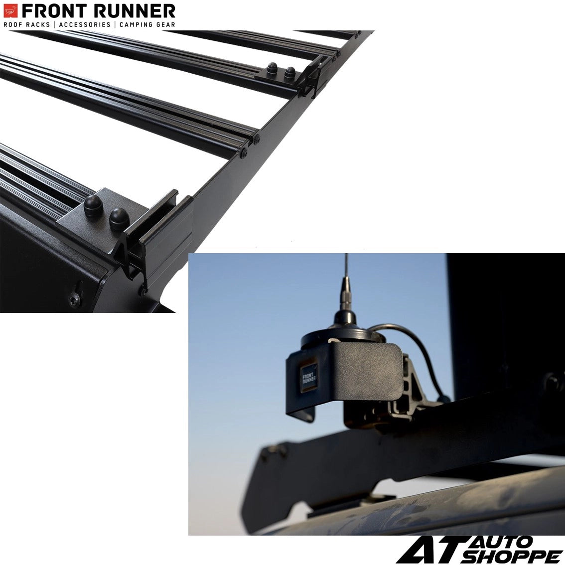 Car roof rack system with antenna on a white background, featuring Front Runner and Auto Shoppe branding.