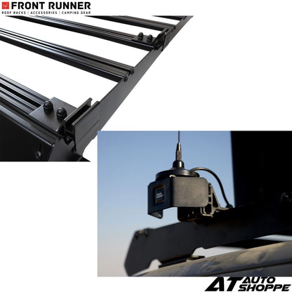Car roof rack system with antenna on a white background, featuring Front Runner and Auto Shoppe branding.