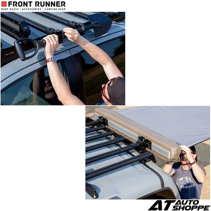 Person installing a roof rack on a vehicle with 'Front Runner' and 'AT Auto Shoppe' branding.