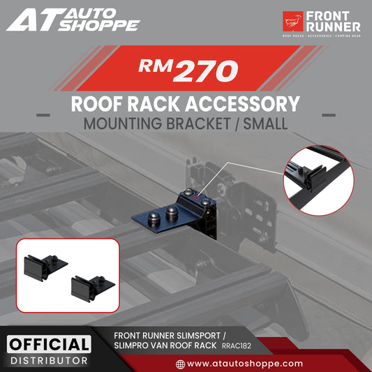 Roof rack accessory mounting bracket with branding and product details on a gray background