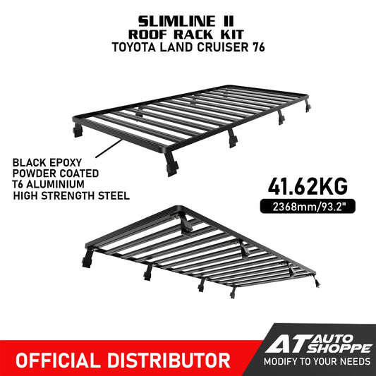 Slimline II roof rack kit for Toyota Land Cruiser 76 with specifications and branding.