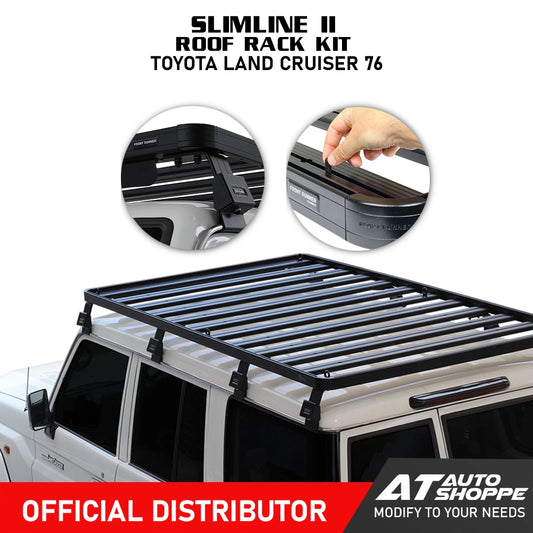Slimline II roof rack kit for Toyota Land Cruiser 76 with product details and AT Auto Shoppe branding.