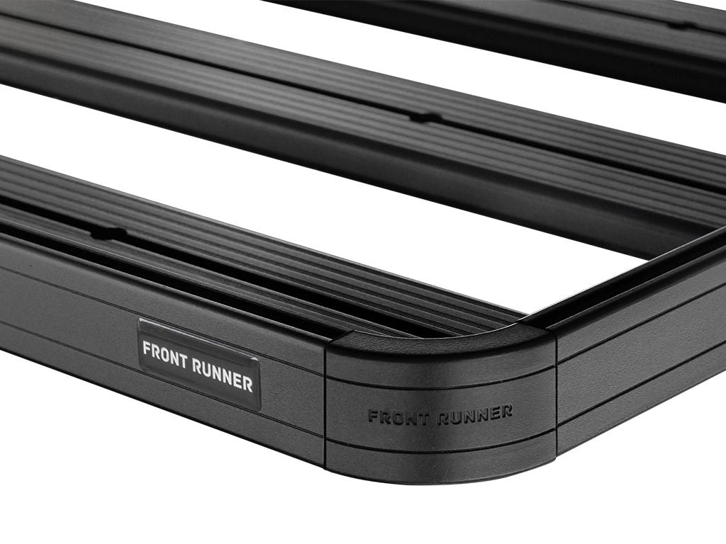 Black metal roof rack system with 'Front Runner' branding on a white background