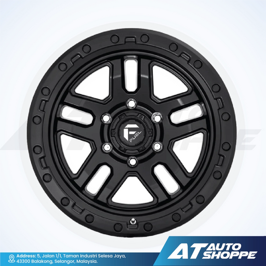 Black alloy wheel with 'Fusion' logo on a white background, featuring AT Auto Shoppe branding.