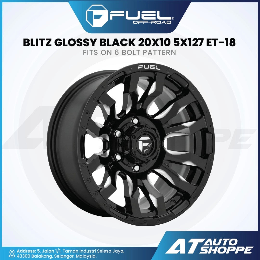 Fuel Off-Road Blitz Glossy Black wheel with product details on a white background